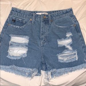 High waisted light wash jean shorts
